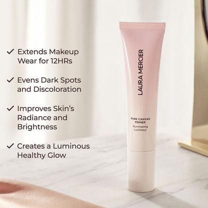 Laura Mercier primer tube with product benefits listed on a neutral background