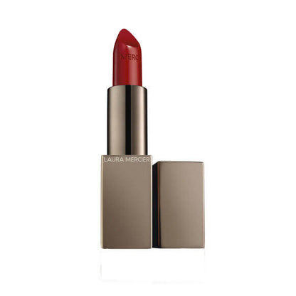 Laura Mercier Rouge Essentiel Silky Crème Lipstick in Rouge Ultime, showcasing a vibrant red shade in sleek packaging.
