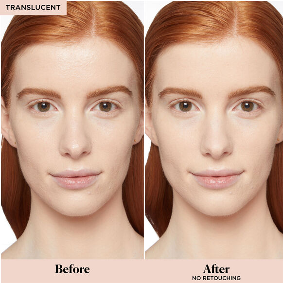 Before and after comparison of a woman's face with translucent makeup application.