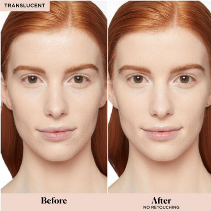 Before and after comparison of a woman's face with translucent makeup application.