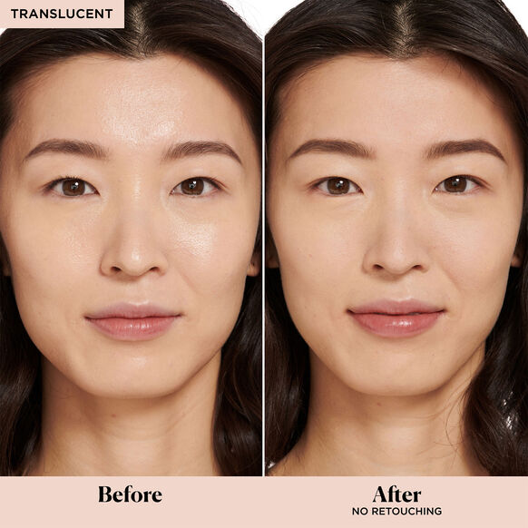 Before and after comparison of a woman's face with translucent makeup application.