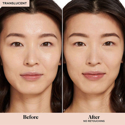 Before and after comparison of a woman's face with translucent makeup application.