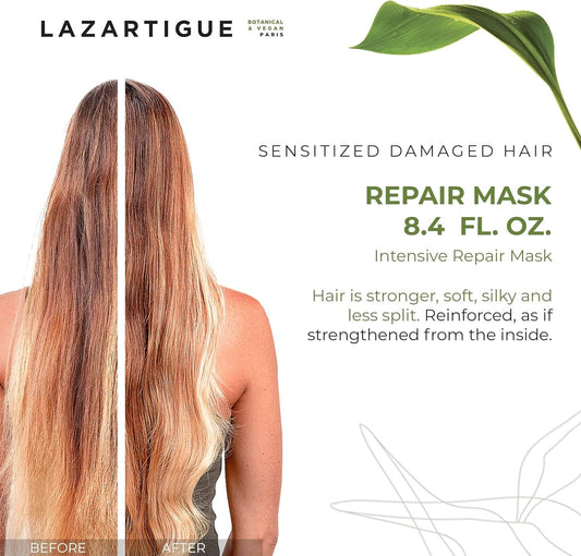 Advertisement for Lazartigue repair mask showing before and after hair comparison.
