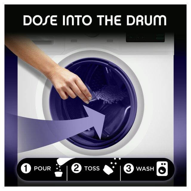 Instructions for using Lenor In-Wash Scent Booster: Pour, toss, and wash for ultimate freshness.