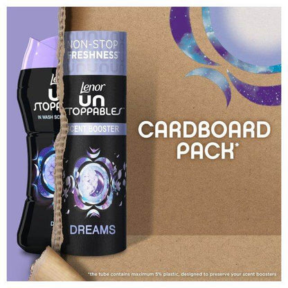 Lenor Unstoppables In-Wash Scent Booster Dreams in recyclable cardboard pack for non-stop laundry freshness.