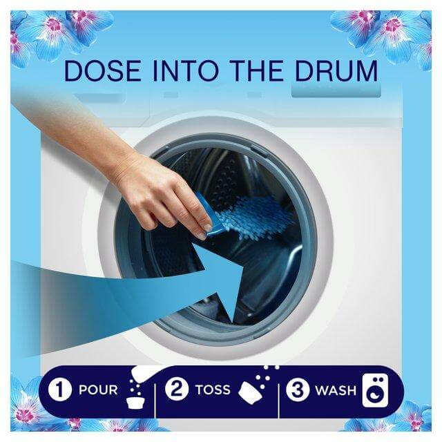 Instructions for using Lenor in-wash scent booster: Pour, toss, and wash for fresh-smelling laundry.