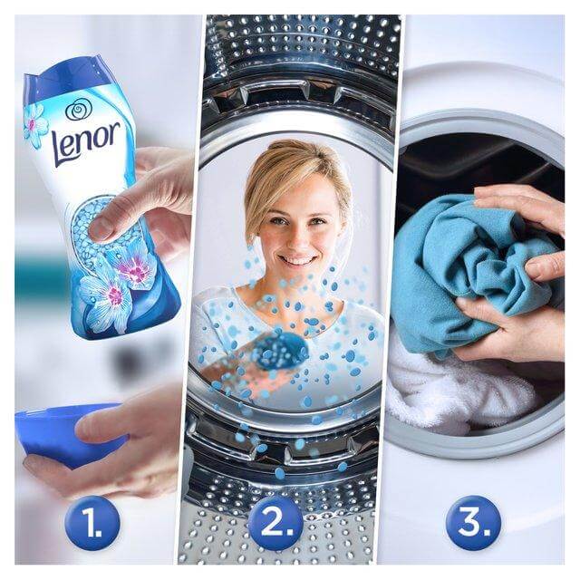 Lenor In-Wash Scent Booster Spring Awakening usage steps: add, activate, and enjoy fresh laundry.
