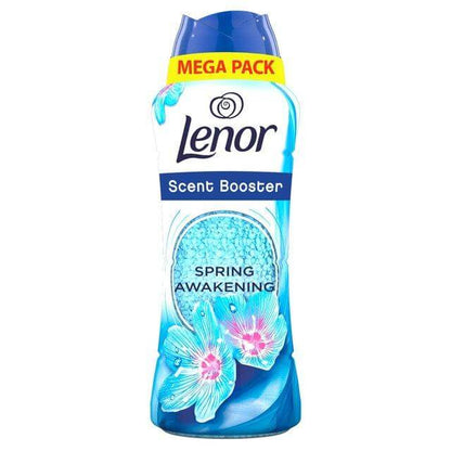 Lenor In-Wash Scent Booster Spring Awakening in a mega pack, featuring floral design and vibrant blue colors.