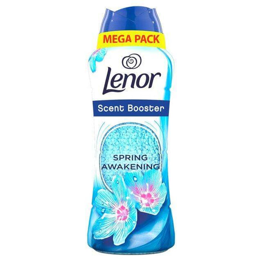 Lenor In-Wash Scent Booster Spring Awakening in a mega pack, featuring floral design and vibrant blue colors.