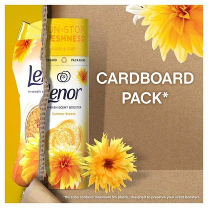 Lenor In-Wash Scent Booster Summer Breeze in recyclable packaging with vibrant flowers and freshness label.