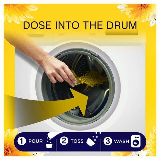 Instructions for using Lenor In-Wash Scent Booster: pour, toss, and wash for fresh laundry.