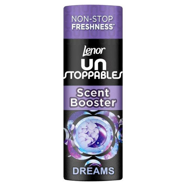Lenor In-Wash Scent Booster - Dreams, packaging with non-stop freshness, jasmine and vanilla notes, recyclable cardboard.