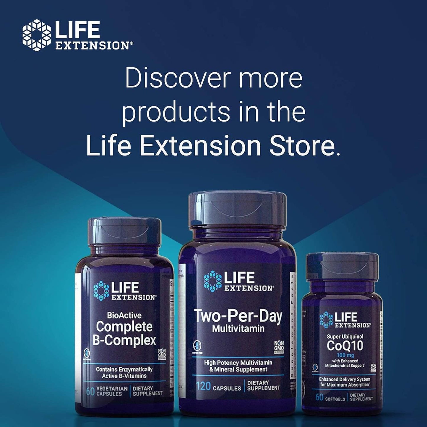 Life Extension supplement bottles on a blue gradient background with promotional text.