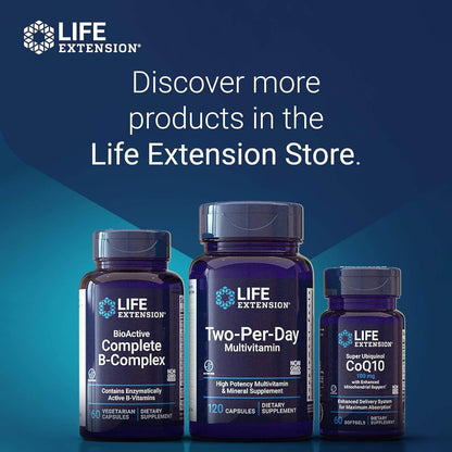 Life Extension supplement bottles on a blue gradient background with promotional text.