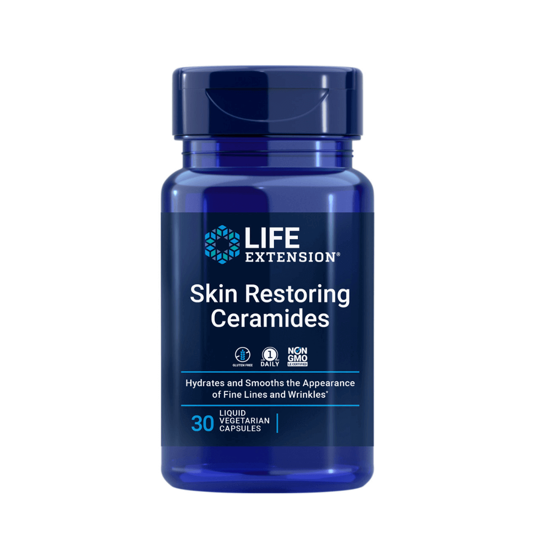 Life Extension Skin Restoring Ceramides bottle, promotes hydration and smooths fine lines, suitable for vegetarians.