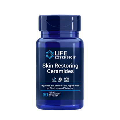 Life Extension Skin Restoring Ceramides bottle, promotes hydration and smooths fine lines, suitable for vegetarians.