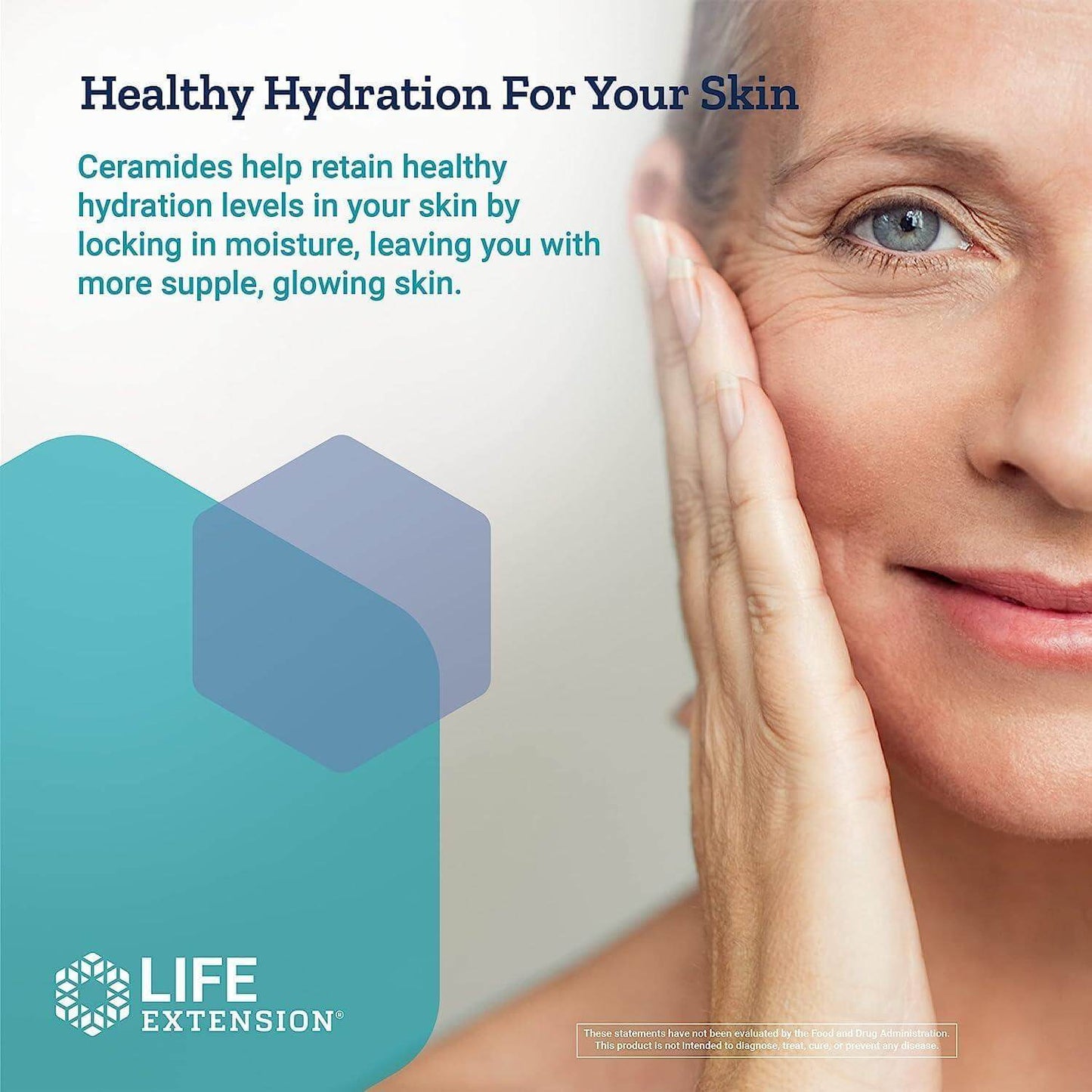 Woman applying moisturizer for healthy skin hydration with Life Extension brand logo.
