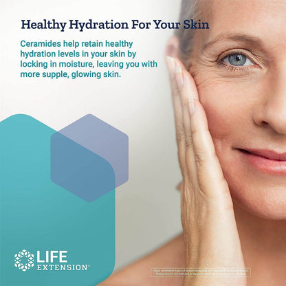 Woman applying moisturizer for healthy skin hydration with Life Extension brand logo.