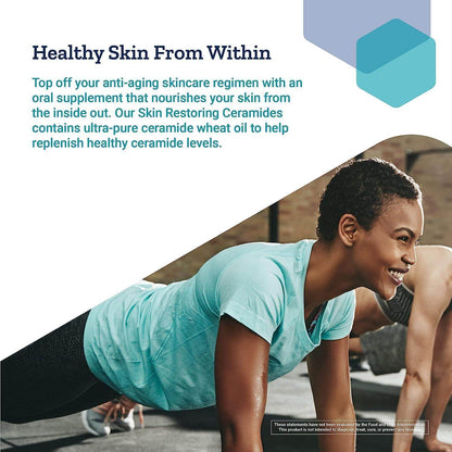 Life Extension Healthy skin supplement promoting hydration and ceramide levels, featuring a woman exercising indoors.