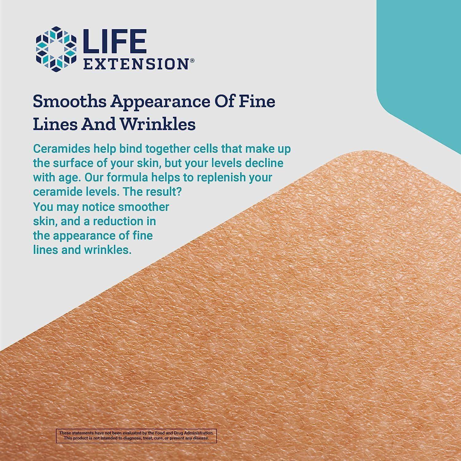 Life Extension Skin Restoring Ceramides product label; promotes hydration and reduces fine lines and wrinkles.