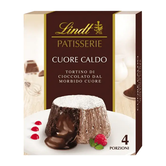 Lindt Chocolate Lava Cake Mix packaging featuring a decadent chocolate dessert with a gooey center.