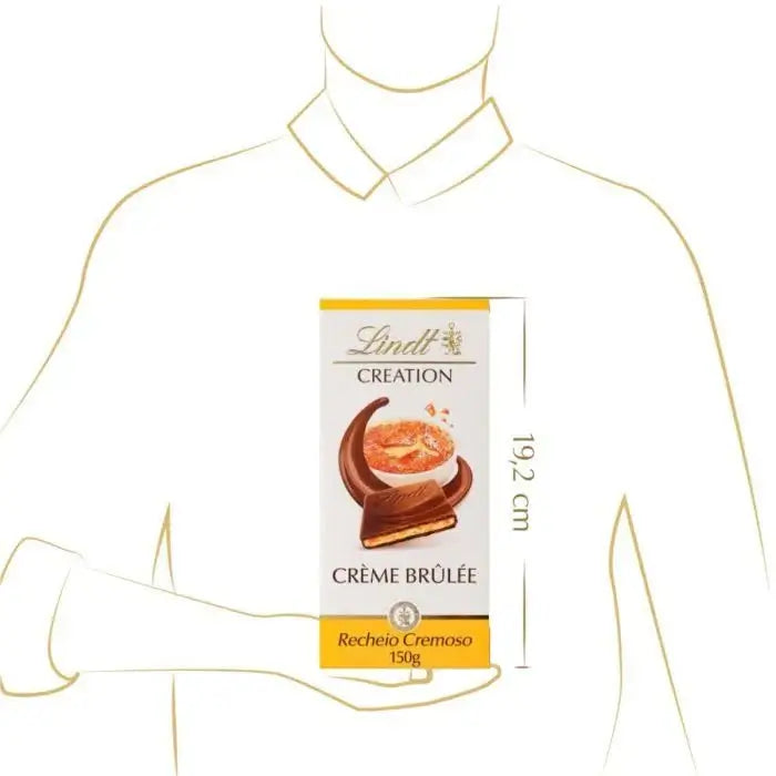 Lindt Crema Brulee chocolate bar packaging with dimensions on a white background