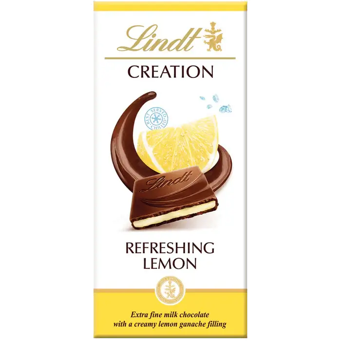 Lindt CREATION Lemon Bar 150g featuring extra fine milk chocolate and creamy lemon ganache filling.