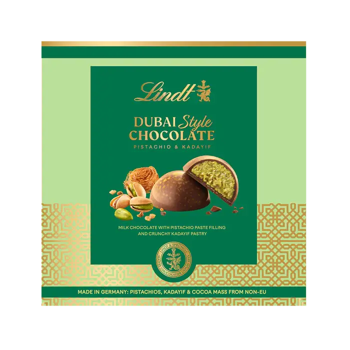 Lindt Dubai Style Chocolate Pralines box featuring pistachio and kadayif, showcasing a luxurious blend of flavors.