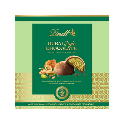 Lindt Dubai Style Chocolate Pralines box featuring pistachio and kadayif, showcasing a luxurious blend of flavors.