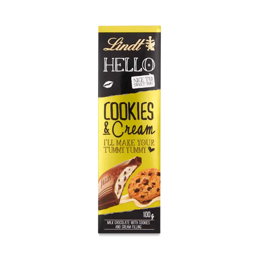 Lindt HELLO Cookies & Cream Bar 100g, featuring milk chocolate with cookies and cream filling, perfect for indulgent treats.