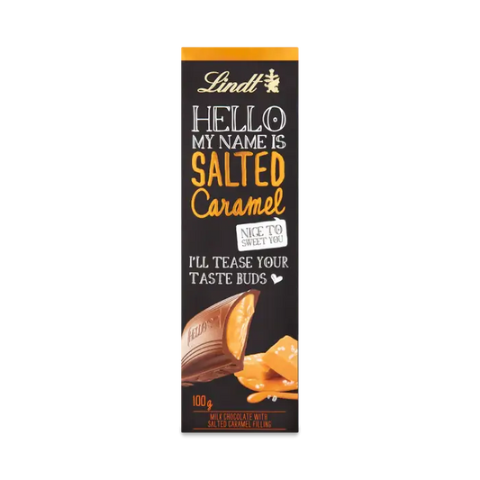 Lindt HELLO Salted Caramel Bar 100g packaging, featuring smooth chocolate and sweet caramel text design.