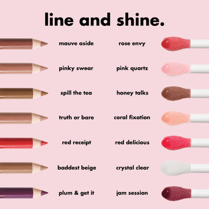 Image showcasing various lip colors and gloss shades with names like mauve aside and jam session on a pink background.
