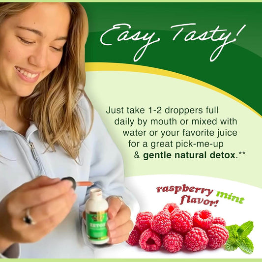 A young woman enjoying Liquid Zeolite by Zetox, highlighting its raspberry mint flavor for easy and tasty detox.