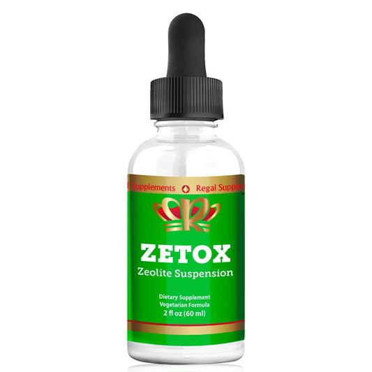 Liquid Zeolite by Zetox in a 2 oz bottle, dietary supplement with a vegetarian formula for detox support.