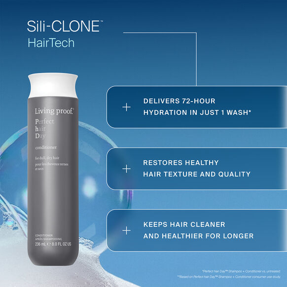 Living Proof Perfect Hair Day conditioner bottle with Sili-Clone HairTech text on a blue background