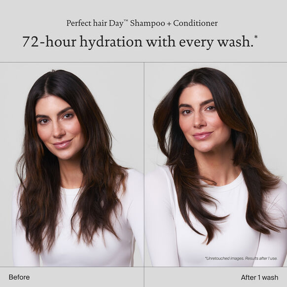Before and after comparison of a woman's hair with Living Proof 'Perfect hair Day' shampoo and conditioner.