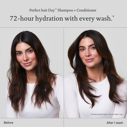 Before and after comparison of a woman's hair with Living Proof 'Perfect hair Day' shampoo and conditioner.