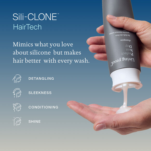 Living Proof Sili-Clone HairTech product being dispensed onto a hand with text highlighting features.