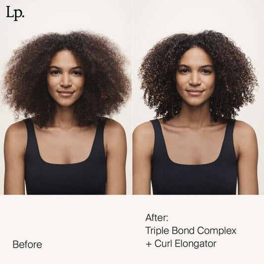 Before and after Living Proof results showing hair transformation with Living Proof Triple Bond Complex and Curl Elongator.