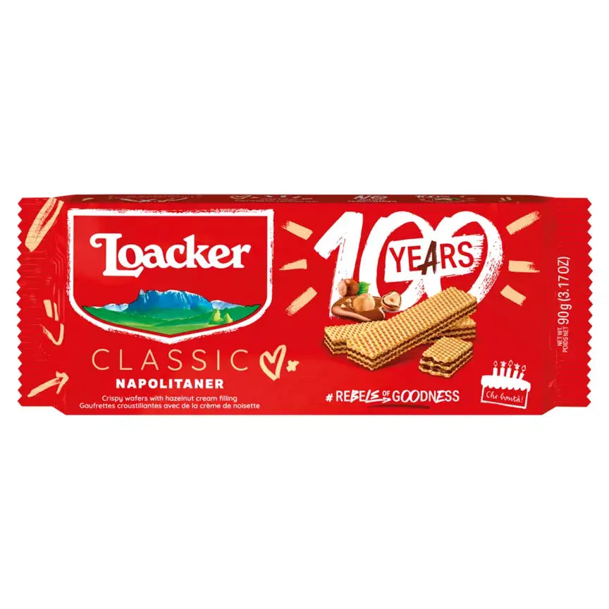 Loacker Classic Napolitaner Wafer Biscuits 90g pack featuring crispy wafers and hazelnut cream filling for a delicious snack.