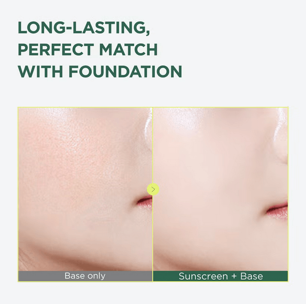 Comparison of skin with base only versus sunscreen and base for a flawless look.