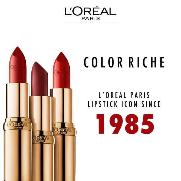 L'Oréal Paris Color Riche Lipstick in three shades, showcasing the iconic lipstick collection since 1985.