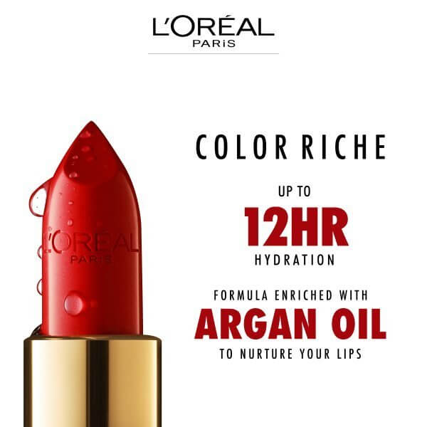 L'Oréal Color Riche Lipstick in bold red with argan oil for up to 12 hours of hydration and a luxurious finish.