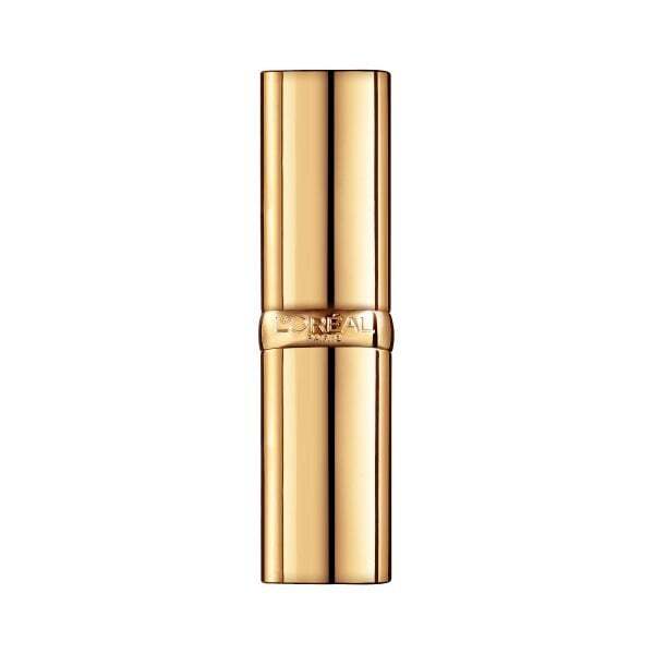 L'Oréal Color Riche Satin Lipstick packaging in a sleek gold tube, showcasing its luxurious design.