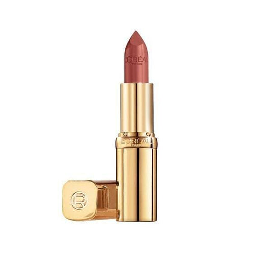 L'Oréal  Color Riche Satin Lipstick 107 Siene Sunset, creamy formula in elegant gold packaging.