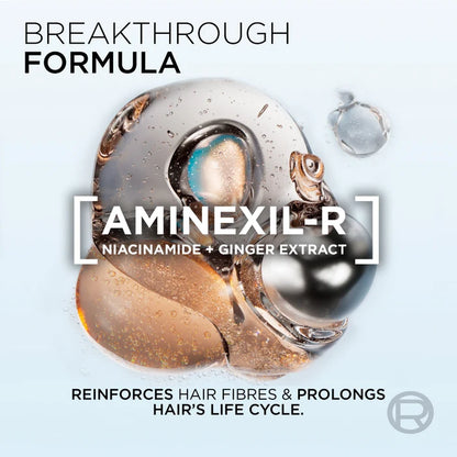 Promotional graphic for Aminexil-R hair care formula, featuring a metallic silver and amber droplet with text reading 'BREAKTHROUGH FORMULA' and 'AMINEXIL-R NIACINAMIDE + GINGER EXTRACT.'.