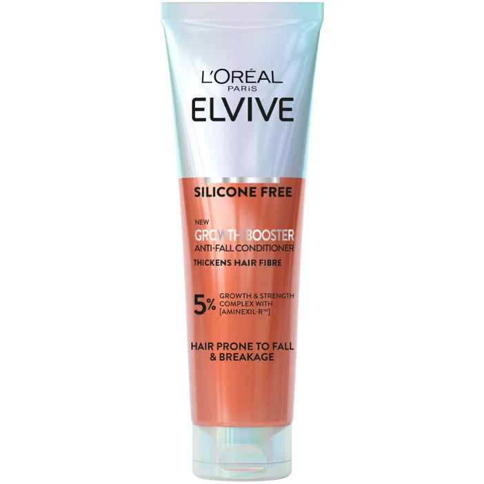 L'Oréal Paris Elvive Silicone Free Growth Booster Anti-Fall Conditioner in a squeeze tube with a silver-to-orange gradient design and a clear cap, shown on a white background.