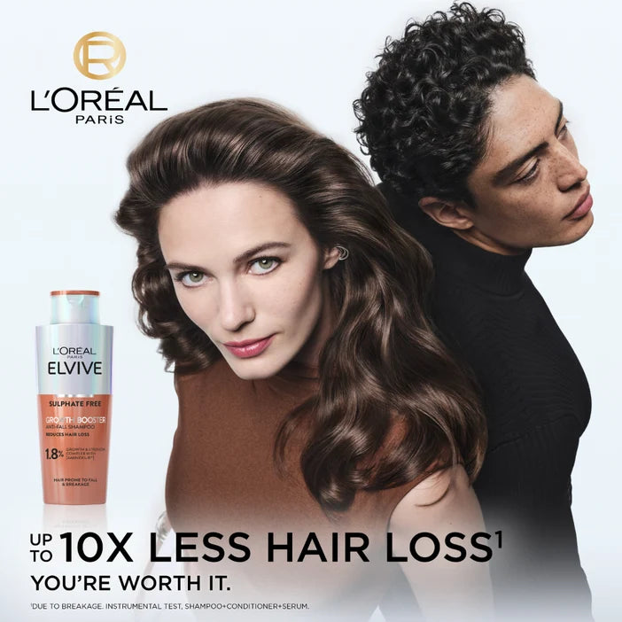 L'Oreal Paris Elvive shampoo bottle with a woman and man on a white background