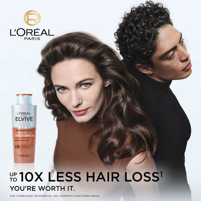 L'Oreal Paris Elvive shampoo bottle with a woman and man on a white background