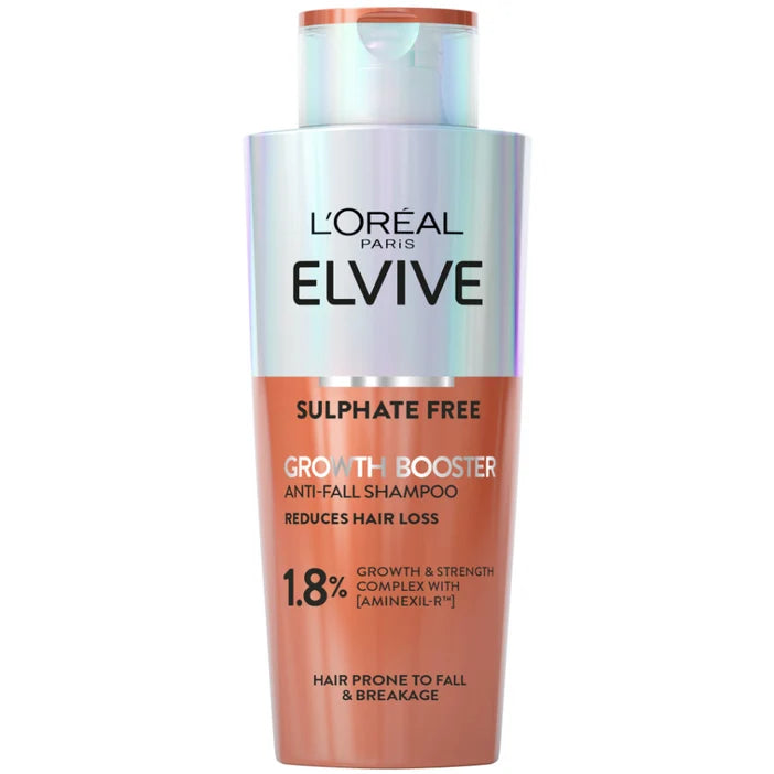 L'Oréal Paris Elvive Growth Booster Anti-Fall Shampoo in a tall, cylindrical bottle with a metallic silver upper section and a warm peach-orange lower section, on a plain white background.